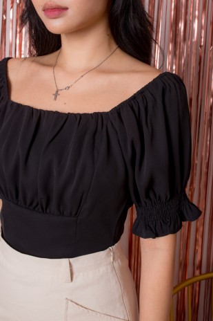 Chesca Ruched Two-Way Blouse in Black