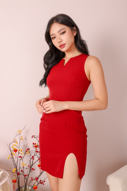 crimson bodycon dress Helena Jersey Statement Midi Dress in Tango Crimson – Bisou Bisou main image 0
