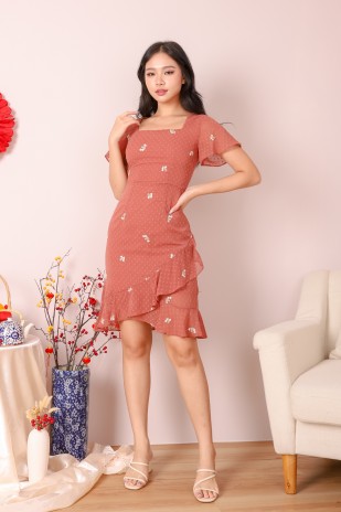 Averyn Embroidered Swiss Dot Dress in Brick Red