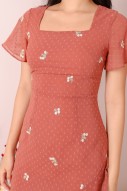Averyn Embroidered Swiss Dot Dress in Brick Red