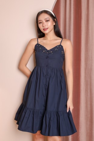 Athens Embroidered Tier Dress in Navy
