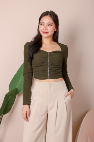 Ashleigh Zip-Up Sweetheart Top in Olive