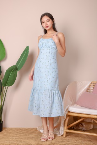 Christelle Ruched Floral Midi in Blue