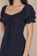 Phedra Ruched Knot Dress in Oxford Blue