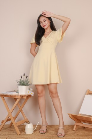 Amalie Ruched Flutter Dress in Baby Yellow