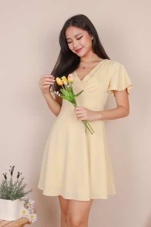 Amalie Ruched Flutter Dress in Baby Yellow