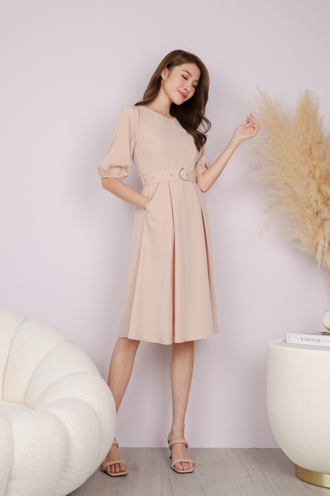 Ciera Belted Pleat Dress in Peach - MGP