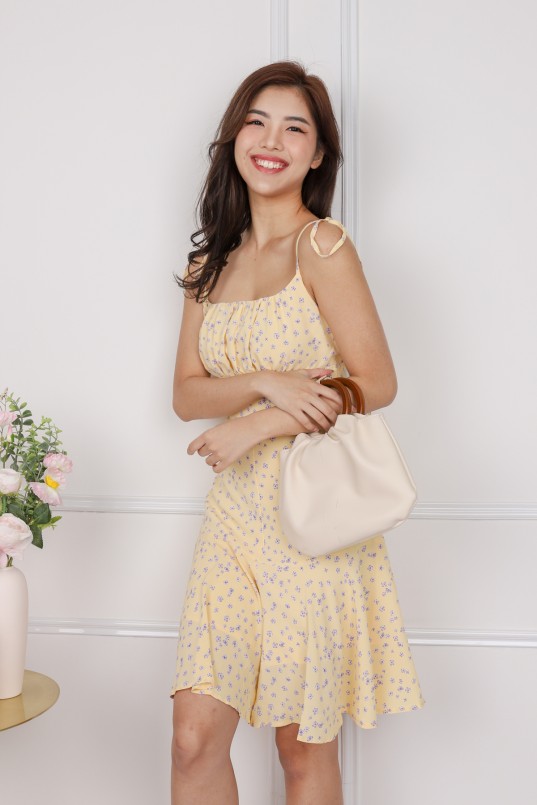 Steffi Ruched Floral Romper in Yellow