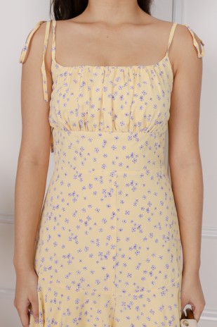 Steffi Ruched Floral Romper in Yellow