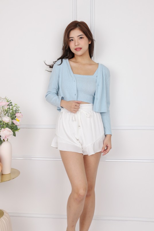 Fuzzy Cami Top and Pearly Buttoned Cardigan Set in Baby Blue