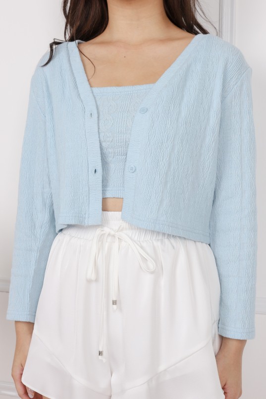 Fuzzy Knit Cardigan & Cami Set - Blue - Blue / Standard