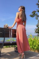 Evermore Ruched Off Shoulder Maxi in Coral