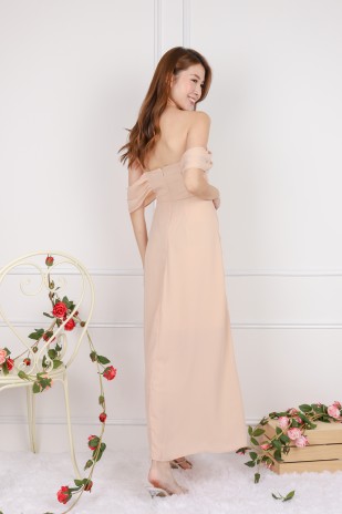 Evermore Ruched Off Shoulder Maxi in Apricot