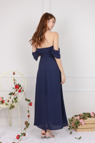Evermore Ruched Off Shoulder Maxi in Navy
