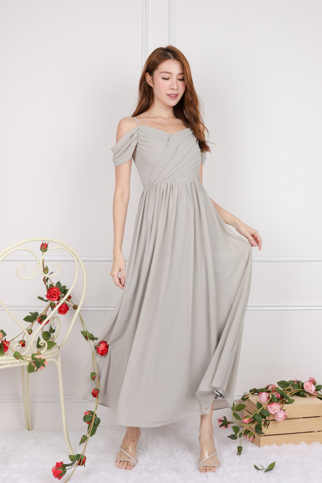 Lorelai Pleated Cold Shoulder Maxi in Grey - MGP