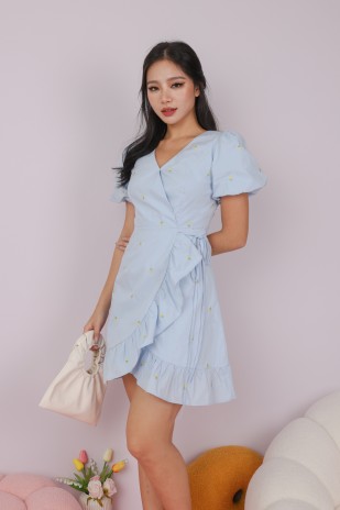 Hailee Embroidered Wrap Dress in  Blue