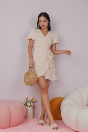 Hailee Embroidered Wrap Dress in Vanilla