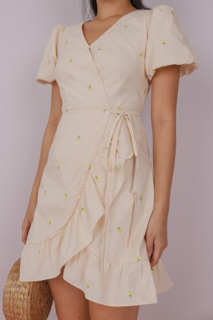 Hailee Embroidered Wrap Dress in Vanilla