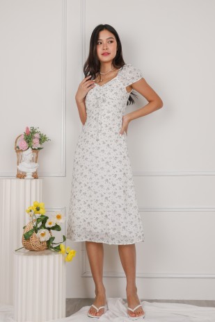 Clarei Floral Ruched Midi Dress in White
