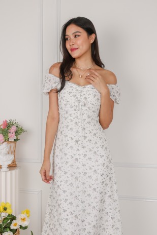 Clarei Floral Ruched Midi Dress in White