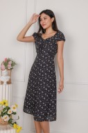 Clarei Floral Ruched Midi Dress in Black