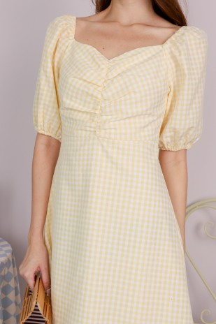 Fandayce Gingham Puff Dress in Yellow