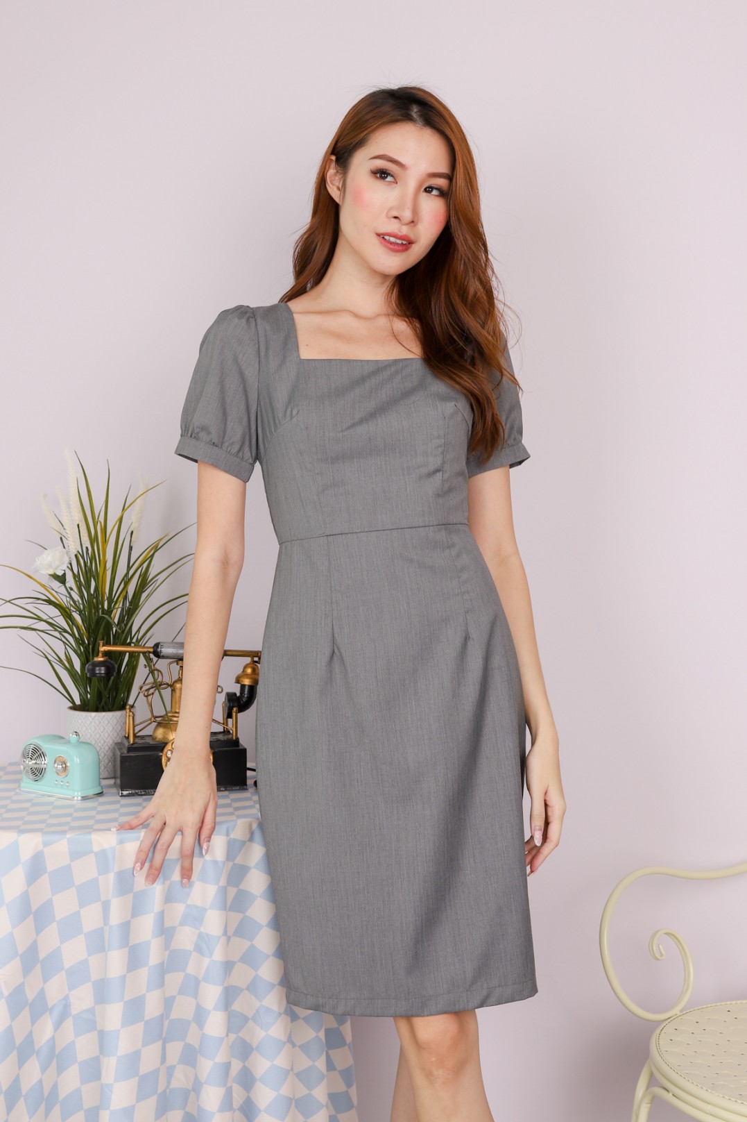 Grey square neck dress