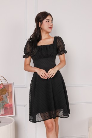 Sofiya Ruched Swiss Dot Dress in Black