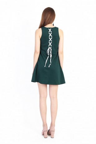 Fenella Lace Up Swing Dress in Forest Green (MY)