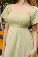 Edena Smocked Puff Dress in Tea Green