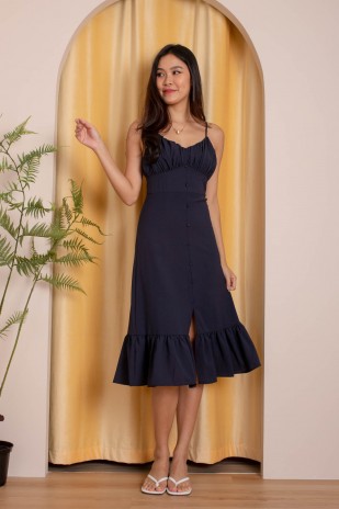 Beth Button Ruched Midi in Navy