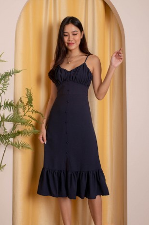 Beth Button Ruched Midi in Navy