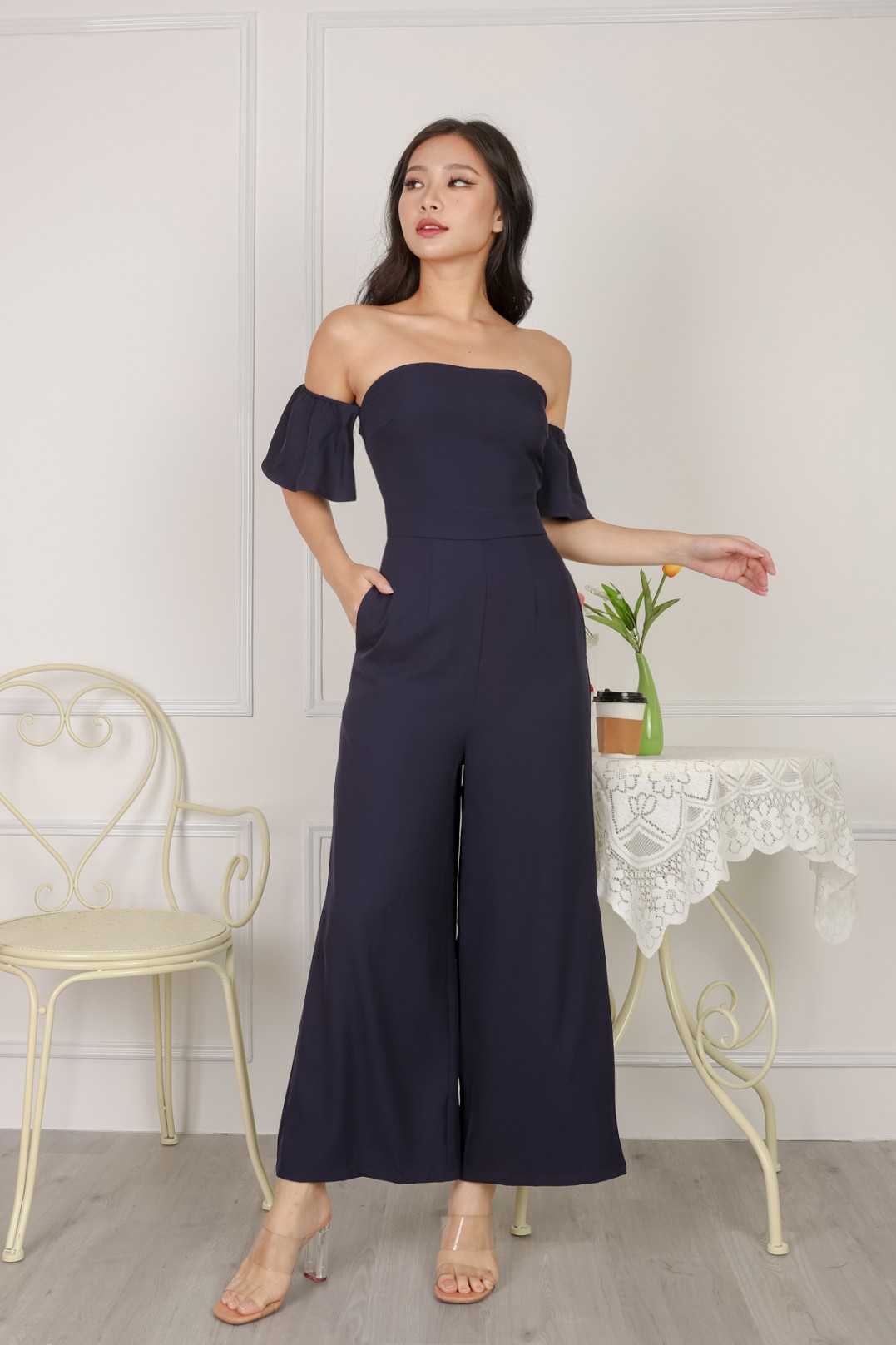 off shoulder navy jumpsuit