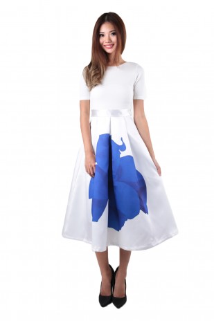 Regina Floral Dress in White-Blue (MY)