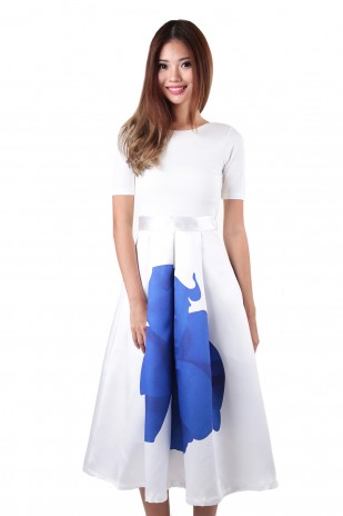 Regina Floral Dress in White-Blue (MY)