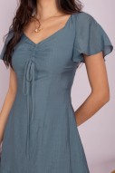 Callyn Flutter Sleeve Ruched Dress in Blue