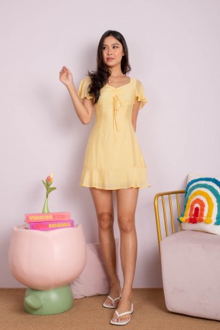 Callyn Flutter Sleeve Ruched Dress in Yellow