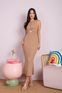Elliora Knot Cut-Out Ribbed Dress in Sand