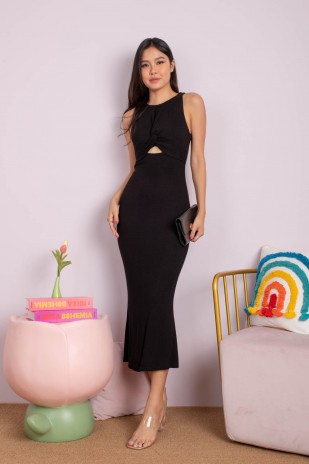 Elliora Knot Cut-Out Ribbed Dress in Black