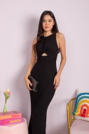 Elliora Knot Cut-Out Ribbed Dress in Black