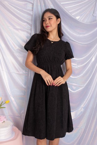 Fanny Elastic Puff Midi Dress in Black