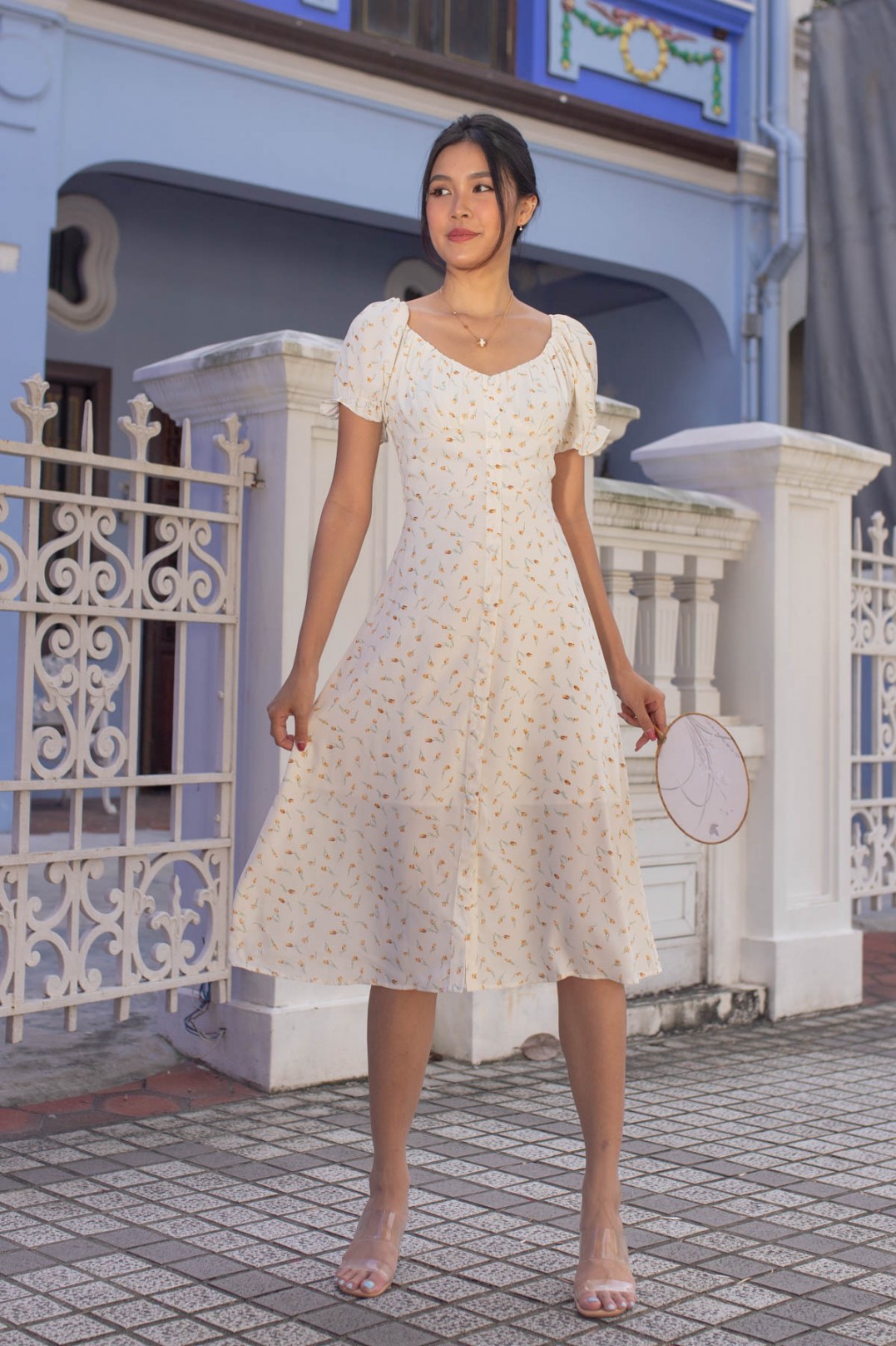 yellow floral ruched dress
