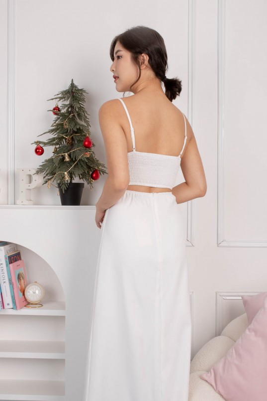 Arbella Ruched Flare Midi Dress in White