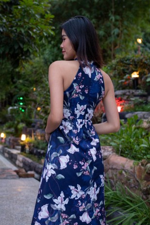 Aveva Floral Cut-Out Dress in Navy