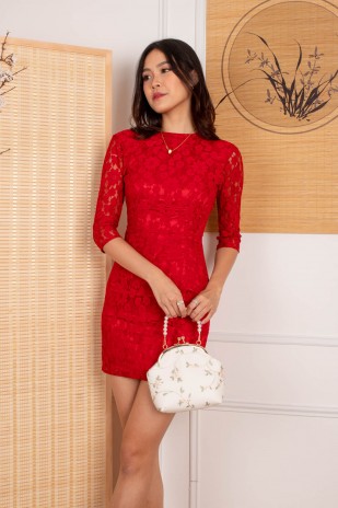 RESTOCK: Lena Backless Lace Dress in Red