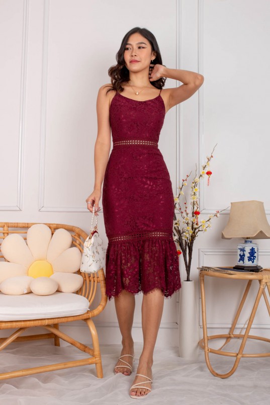 Wine lace midi dress new arrivals