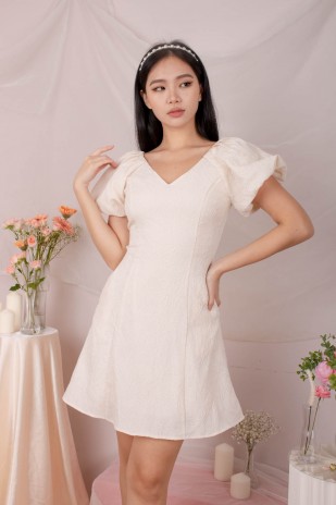 Lovi Textured V-Neck Puff Dress in Cream