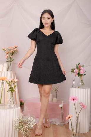 Lovi Textured V-Neck Puff Dress in Black