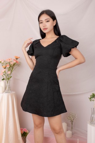 Lovi Textured V-Neck Puff Dress in Black