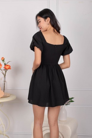 Winnie Textured Puff Dress in Black
